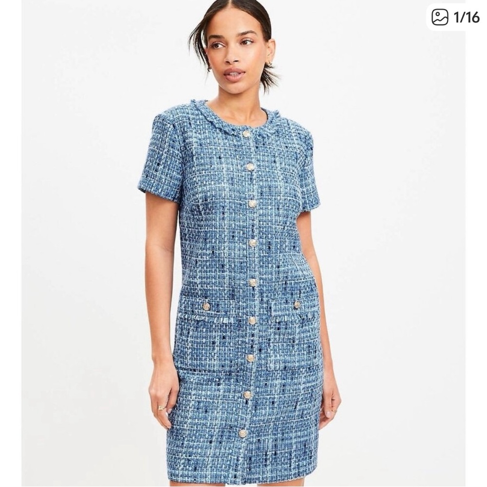 LOFT Blue Tweed Short Sleeve Dress